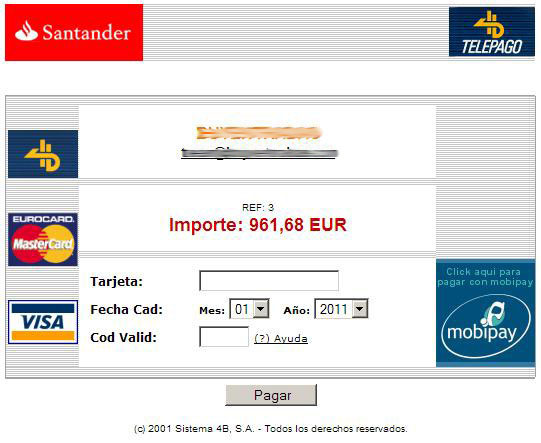 Ejemplo de TPV Virtual 4B del Banco Santander